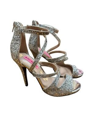 Betsey Johnson Silver Glitter Strappy High Heel Sandals 6.5